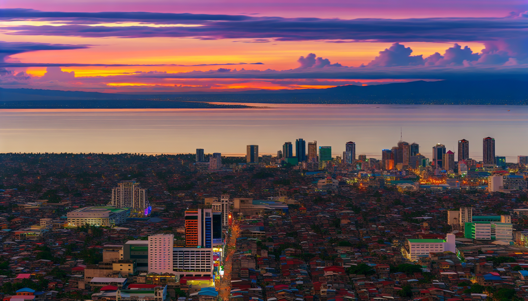 Davao City skyline at sunset with Davao Gulf in the background