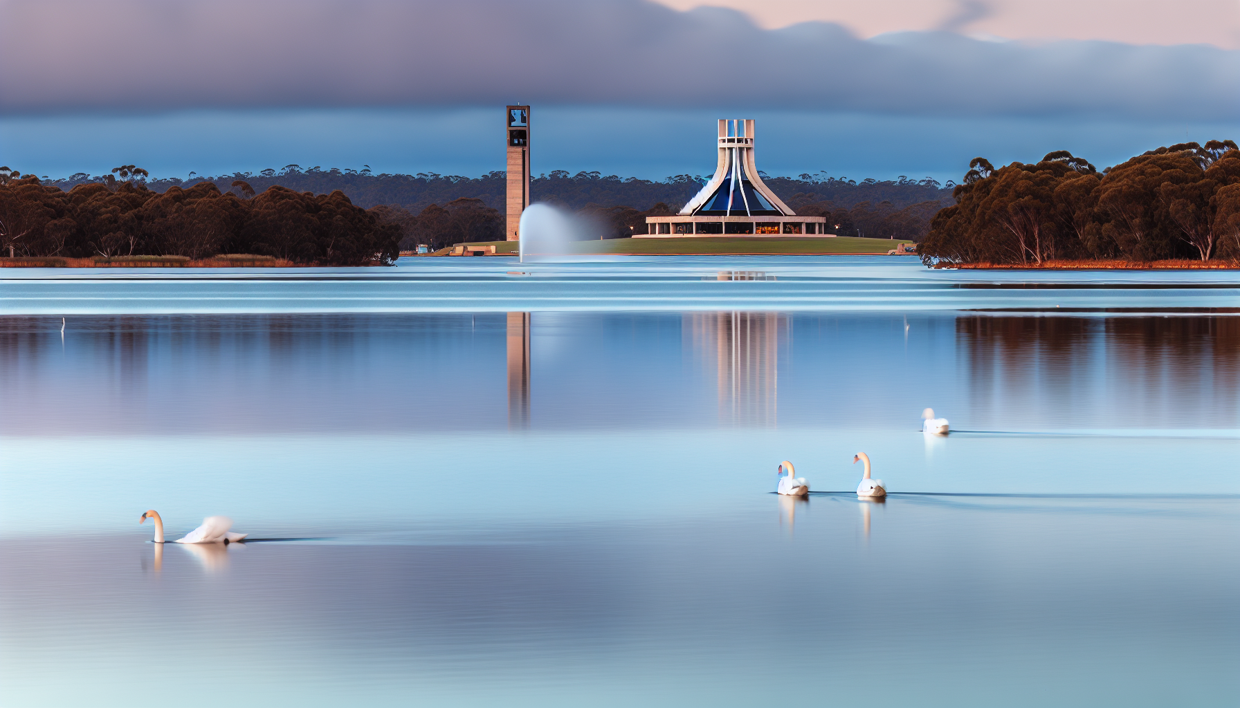 Panoramic view of Lake Burley Griffin with the National Carillon and Captain Cook Memorial Jet
