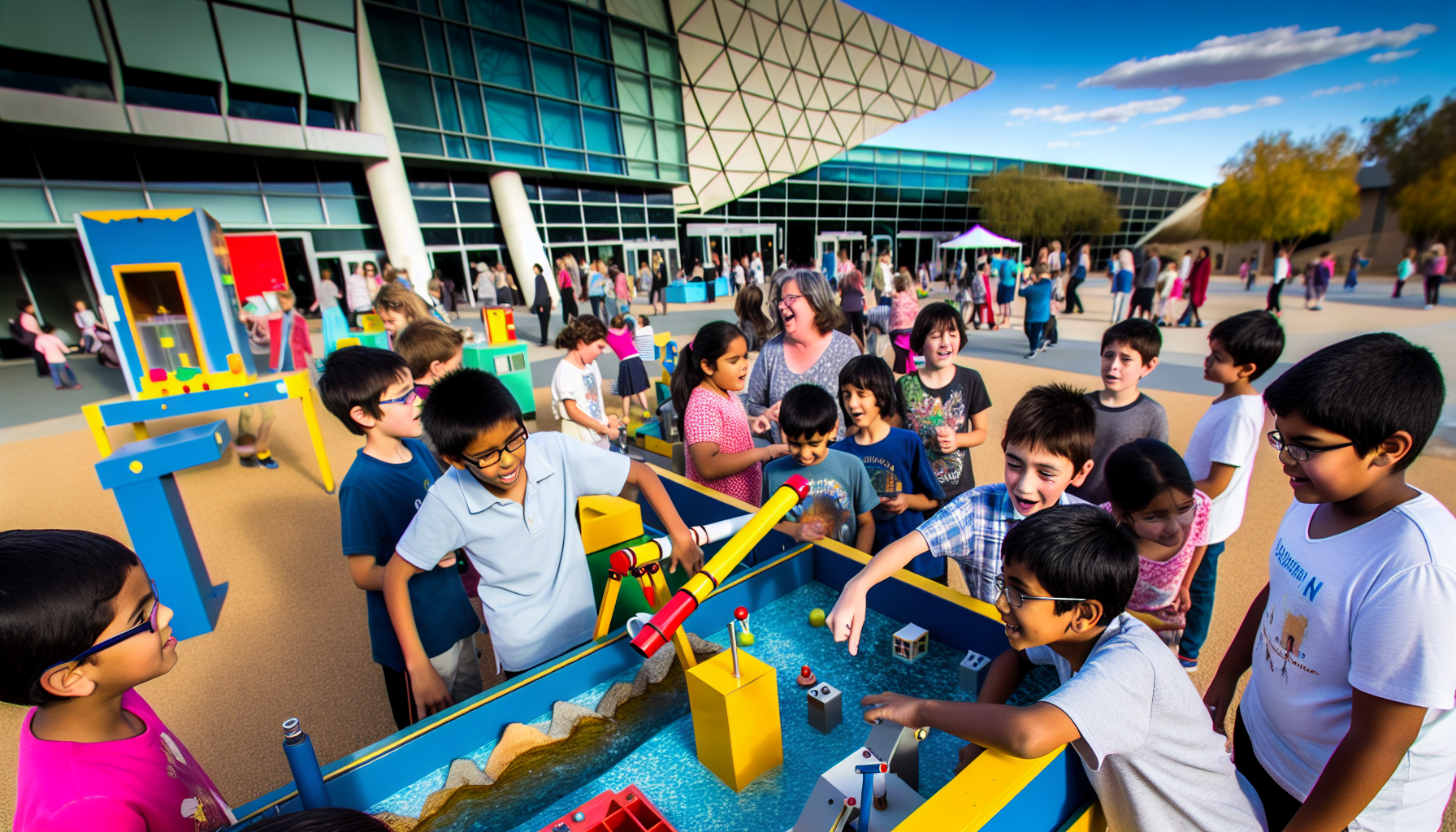 Children enjoying interactive outdoor science exhibits at Questacon